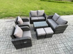Rackhams 8 Seater Rattan Garden Furniture Set Patio Outdoor Lounge Sofa Set with Rectangular Coffee Table 2 Small Footstools Love Sofa Dark Grey Mixed - thumbnail 2
