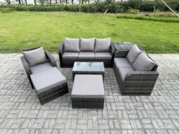 Rackhams Outdoor Garden Furniture Sets 7 Pieces Wicker Rattan Furniture Sofa Sets with Rectangular Coffee Table Loveseat Sofa 2 Big Footstool Side Table