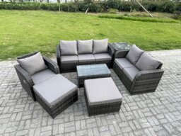 Rackhams Outdoor Garden Furniture Sets 7 Pieces Wicker Rattan Furniture Sofa Sets with Rectangular Coffee Table Loveseat Sofa 2 Big Footstool Side Table - thumbnail 2