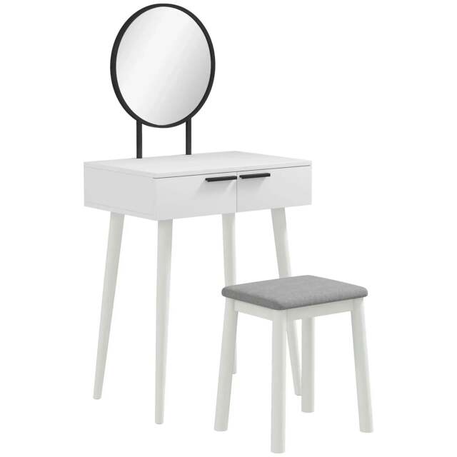 Rackhams Modern Dressing Table with Round Mirror and Stool, Makeup Vanity Table with 2 Drawers for Bedroom, Living Room, 60 x 40 x 123 cm, White