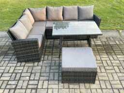Rackhams Outdoor Furniture Garden Dining Set Rattan Corner Sofa Set with Rectangular Dining Table Big Footstool Dark Grey Mixed - thumbnail 2