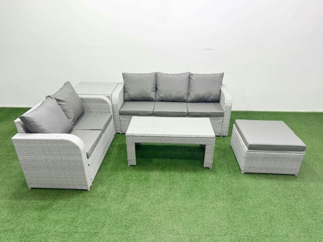 Rackhams 6-Seater PE Rattan Outdoor Sofa Set - Oblong Coffee Table, 3-Seater Sofa, Loveseat, Large Footstool, Side Table - image 1