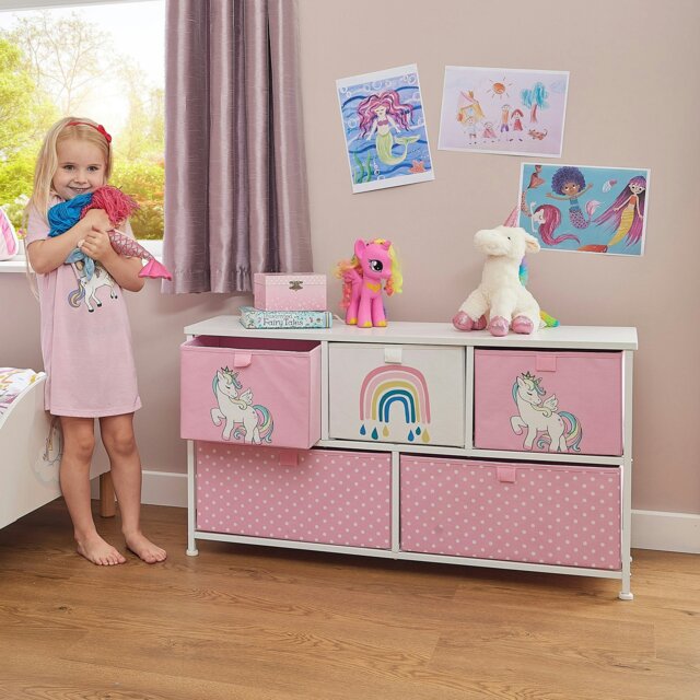 Rackhams Kids Unicorn 5 Drawer Storage Chest - Pink/White - image 1