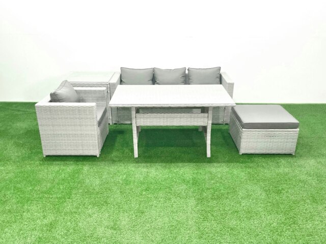 Rackhams Rattan Garden Furniture Set Outdoor 5 Seater Patio Dining Sets with Glass Top Dining Table and Side Table Light Grey Mixed - image 1