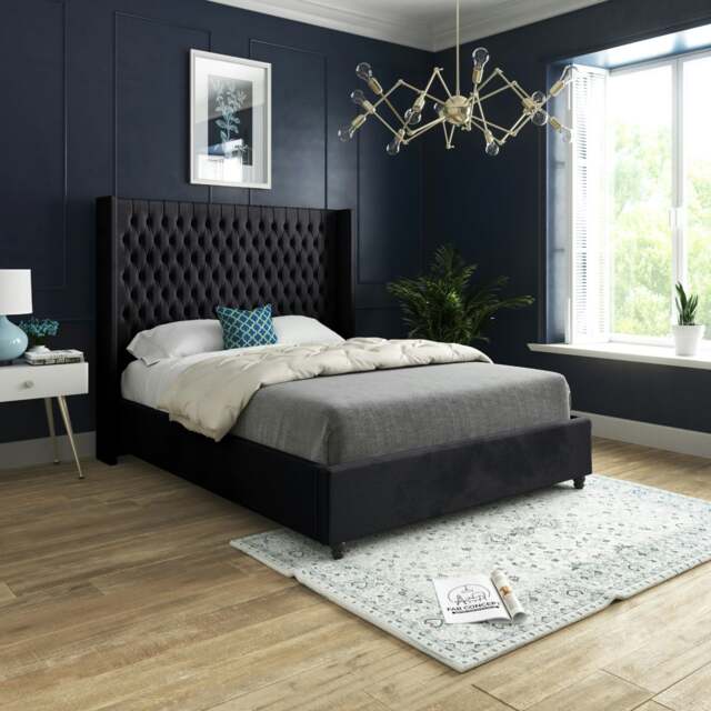 Rackhams Volta Straight Winged Upholstered Soft Velvet Bed Frame - Black - Black - Small single - image 1