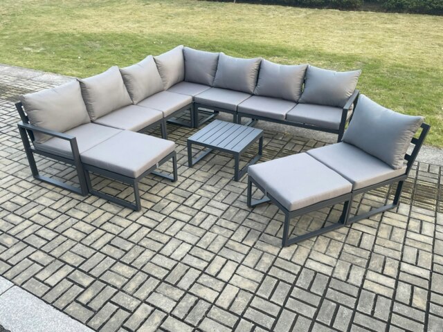 Rackhams 10 Seater Patio Outdoor Garden Furniture Aluminium Lounge Corner Sofa Set with Square Coffee Table 2 Big Footstools Dark Grey