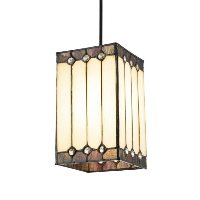 Rackhams Square Lantern Opal White Stained Glass Tiffany Pendant Shade with Clear Beads - image 1
