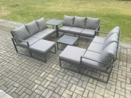 Rackhams Aluminium Outdoor Garden Furniture Set Patio Lounge Sofa with Square Coffee Table Side Table 2 Big Footstools Conservatory Set Dark Grey - thumbnail 1