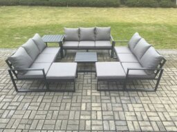 Rackhams Aluminium Outdoor Garden Furniture Set Patio Lounge Sofa with Square Coffee Table Side Table 2 Big Footstools Conservatory Set Dark Grey - thumbnail 2