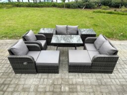 Rackhams 8 Seater Wicker PE Rattan Garden Dining Set Outdoor Furniture Sofa with Rectangular Dining Table 2 Side Tables 2 Big Footstool Dark Grey Mixed - thumbnail 2