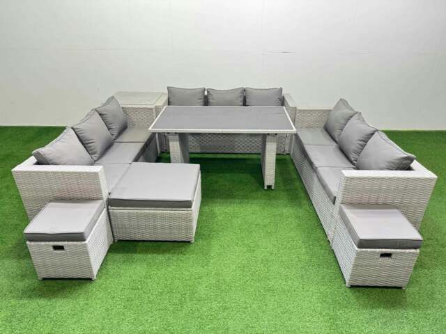 Rackhams Patio Outdoor Garden Furniture Sets with Black Glass Top Dining Table 3 Seater Sofa Side Table 3 Stool Light Grey - image 1