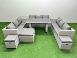 Rackhams Patio Outdoor Garden Furniture Sets with Black Glass Top Dining Table 3 Seater Sofa Side Table 3 Stool Light Grey - thumbnail 1