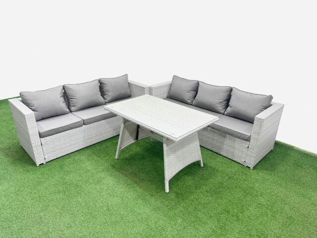 Rackhams Rattan Garden Furniture Dining Set 6 seater Patio Rectangular Table 3 Seater Sofa Set Light Grey - image 1