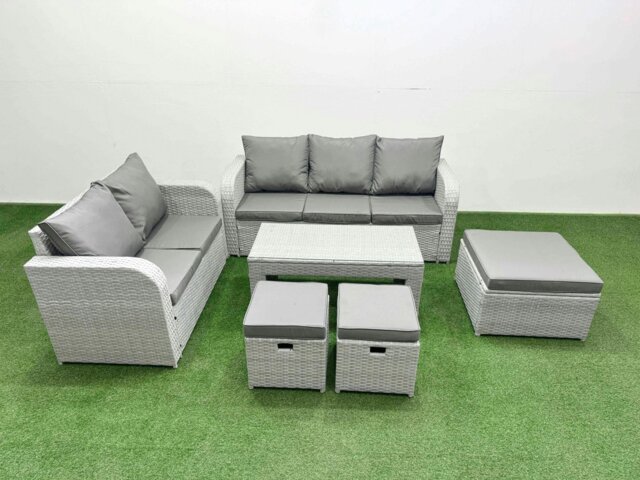 Rackhams 8 Seater PE Rattan Wicker Garden Furniture Patio Conservatory Sofa Set with Oblong Coffee Table 3 Seater Sofa Love Sofa 3 Stool - image 1