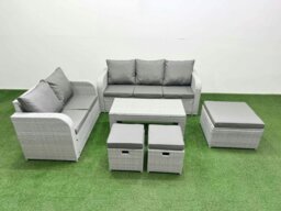 Rackhams 8 Seater PE Rattan Wicker Garden Furniture Patio Conservatory Sofa Set with Oblong Coffee Table 3 Seater Sofa Love Sofa 3 Stool - thumbnail 1