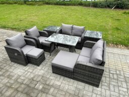 Rackhams 9 Seater Wicker PE Rattan Garden Dining Set Outdoor Furniture Sofa with Rectangular Dining Table 2 Side Tables 3 Footstools Dark Grey Mixed - thumbnail 1