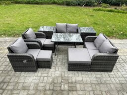 Rackhams 9 Seater Wicker PE Rattan Garden Dining Set Outdoor Furniture Sofa with Rectangular Dining Table 2 Side Tables 3 Footstools Dark Grey Mixed - thumbnail 2