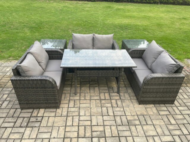 Rackhams 6 Seater Outdoor Rattan Garden Furniture Set with Patio Love Sofa Rectangular Dining Table 2 Side Tables Dark Grey Mixed - image 1