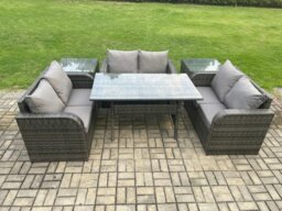 Rackhams 6 Seater Outdoor Rattan Garden Furniture Set with Patio Love Sofa Rectangular Dining Table 2 Side Tables Dark Grey Mixed - thumbnail 1