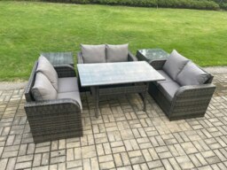 Rackhams 6 Seater Outdoor Rattan Garden Furniture Set with Patio Love Sofa Rectangular Dining Table 2 Side Tables Dark Grey Mixed - thumbnail 2