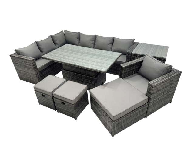 Rackhams 10 seater Height Adjustable Rising Lifting Table Corner Sofa Set Rattan Garden Furniture Dining Set with 3 Stool Side Table Dark Grey Mixed - image 1