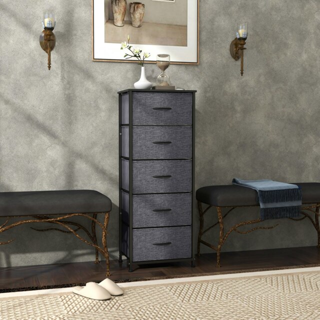 Rackhams 5 Drawer Fabric Chest of Drawers w/ Wooden Top, Dark Grey - image 1