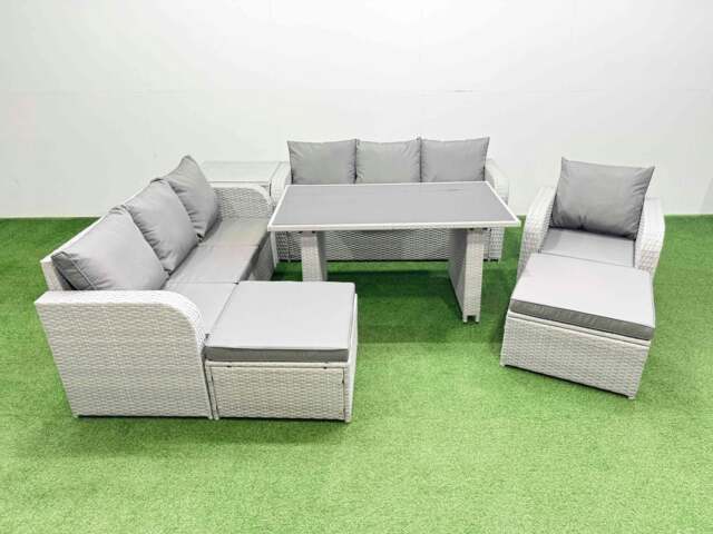 Rackhams Rattan Garden Furniture Dining Set 9 seater Patio Rectangular Table Sofa Set with Side Table 2 Big Stools Light Grey - image 1