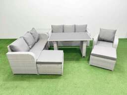 Rackhams Rattan Garden Furniture Dining Set 9 seater Patio Rectangular Table Sofa Set with Side Table 2 Big Stools Light Grey - thumbnail 1