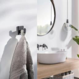 Rackhams Black Stainless Steel Single Towel Hook (48 x 48mm) Self Adhesive Bathroom Wall Mounted - thumbnail 2