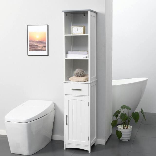 Rackhams Tall Bathroom Storage Cabinet, Slim Freestanding Linen Tower, White - image 1