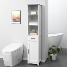 Rackhams Tall Bathroom Storage Cabinet, Slim Freestanding Linen Tower, White - thumbnail 3