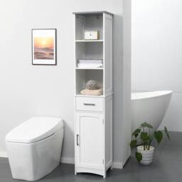 Rackhams Tall Bathroom Storage Cabinet, Slim Freestanding Linen Tower, White - thumbnail 1