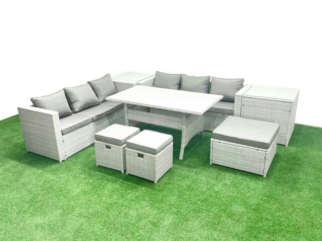 Rackhams Rattan Garden Furniture Set 9 Seater Outdoor Sofa Set with Dining Table 2 Side Tables 3 Footstools Light Grey Mixed - image 1