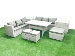 Rackhams Rattan Garden Furniture Set 9 Seater Outdoor Sofa Set with Dining Table 2 Side Tables 3 Footstools Light Grey Mixed - thumbnail 1