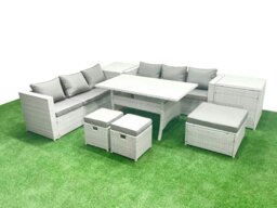 Rackhams Rattan Garden Furniture Set 9 Seater Outdoor Sofa Set with Dining Table 2 Side Tables 3 Footstools Light Grey Mixed - thumbnail 2