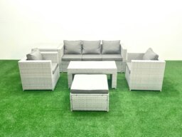 Rackhams Rattan Garden Furniture Set 6 Pieces Outdoor Garden Sofa Oblong Coffee Table Set with 2 Chairs Side Tabe Stool Light Grey Mixed - thumbnail 2