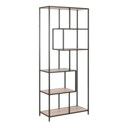 Rackhams Seaford Tall Black Metal Bookcase with 5 Sonoma Oak Shelves - 1 - Black and Natural - Wood