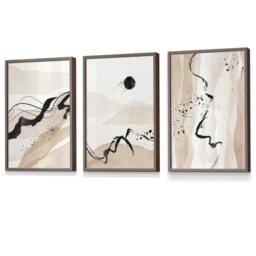 Rackhams Set of 3 Abstract Beige and Black Landscape Wall Art Prints / Framed - 42x59cm (A2) - Light Walnut - thumbnail 1