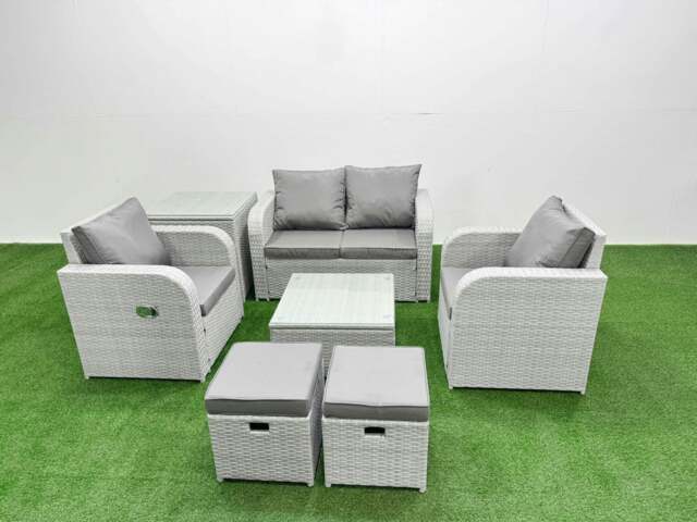 Rackhams Light Grey PE Wicker Rattan Garden Furniture Set Sofa Set Reclining Adjustable Chair Square Coffee Table 6 Seater 2 Small Stools Side Table - image 1