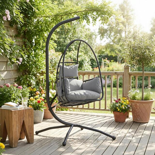 Rackhams Hanging Egg Chair, Swinging Hammock Chair with Stand, Dark Grey - Dark Grey - 1 - Swing Chair - image 1