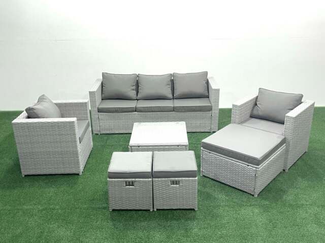 Rackhams Rattan Garden Outdoor Furniture Sofa Set with Square Coffee Table 2 Chairs 3 Footstools Light Grey Mixed - image 1