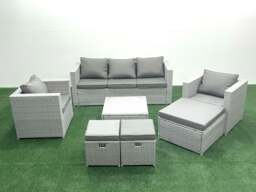 Rackhams Rattan Garden Outdoor Furniture Sofa Set with Square Coffee Table 2 Chairs 3 Footstools Light Grey Mixed - thumbnail 1