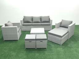 Rackhams Rattan Garden Outdoor Furniture Sofa Set with Square Coffee Table 2 Chairs 3 Footstools Light Grey Mixed - thumbnail 2