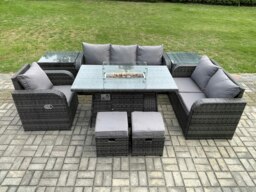 Rackhams Garden Patio Furniture Wicker Rattan Gas Fire Pit Table and Sofa Chair set with 2 Side Tables 2 Small Footstool - thumbnail 1