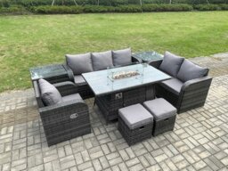 Rackhams Garden Patio Furniture Wicker Rattan Gas Fire Pit Table and Sofa Chair set with 2 Side Tables 2 Small Footstool - thumbnail 2