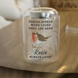 Rackhams Personalised Robin Memorial Feather Tealight Holder - thumbnail 4