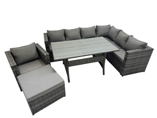 Rackhams Rattan Garden Furniture Set Outdoor 8 Seater Patio Dining Corner Sofa Sets with Dining Table Chair Big Stool Dark Grey Mixed - image 1