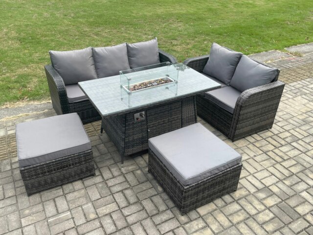 Rackhams PE Wicker Outdoor Rattan Garden Furniture Set Propane Gas Fire Pit Table and Sofa set with 2 Big Footstool - image 1