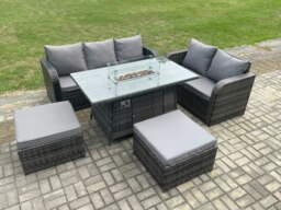 Rackhams PE Wicker Outdoor Rattan Garden Furniture Set Propane Gas Fire Pit Table and Sofa set with 2 Big Footstool - thumbnail 1