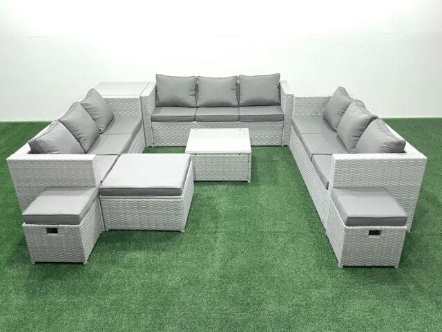 Rackhams Rattan Garden Outdoor Furniture Set 12 Seater Rattan Garden Sofa Set with 3 Footstools Side Table Light Grey Mixed - image 1